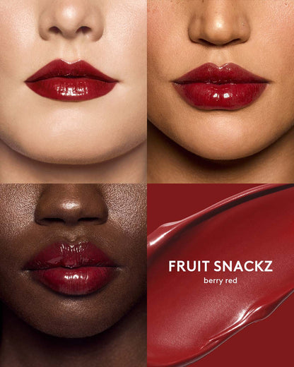 three different skin toned models wearing gloss bomb color drip lip cream in shade fruit snackz
