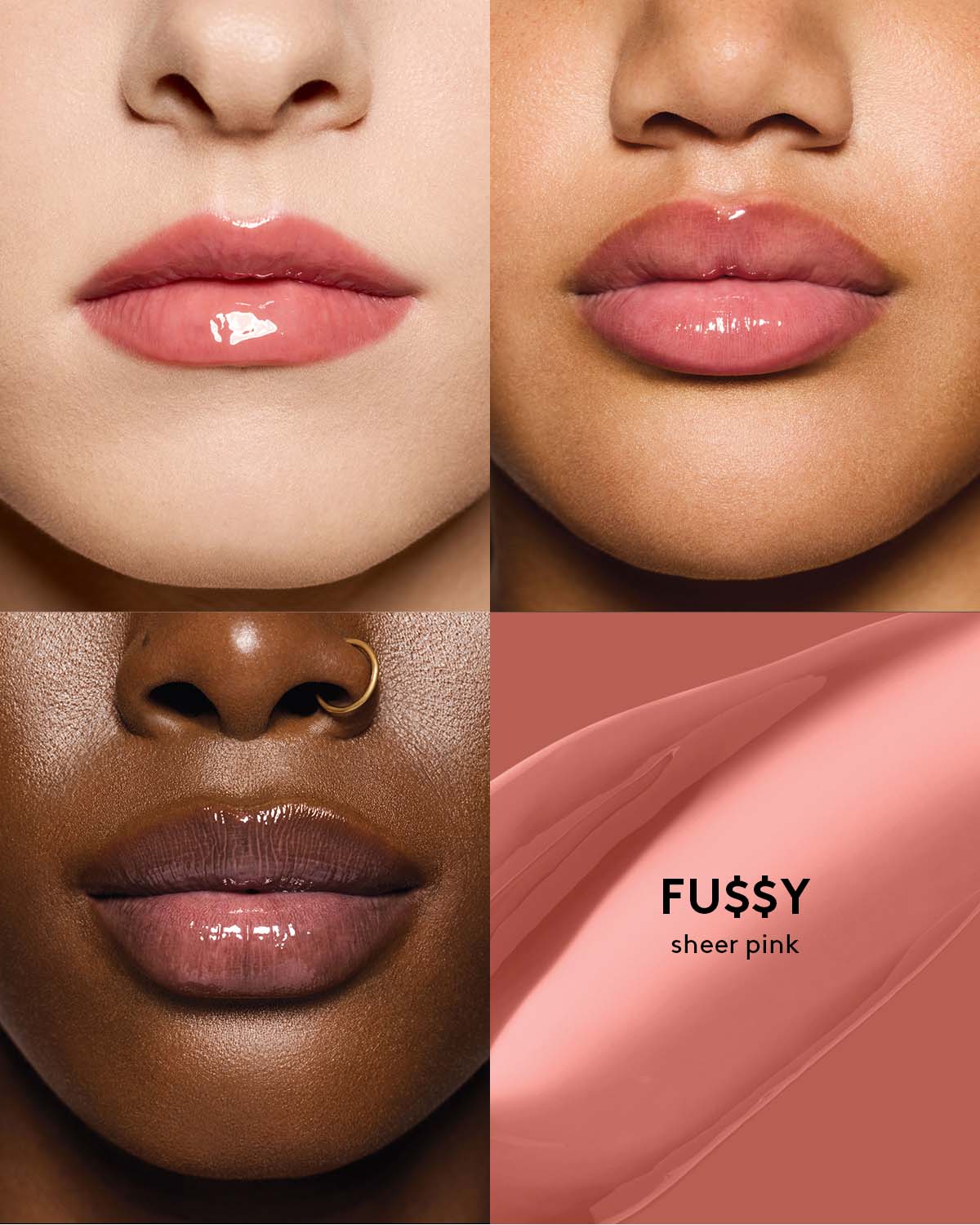 beauty shot of gloss bomb heat lip plumper in fu$$y heat on three different skin toned models