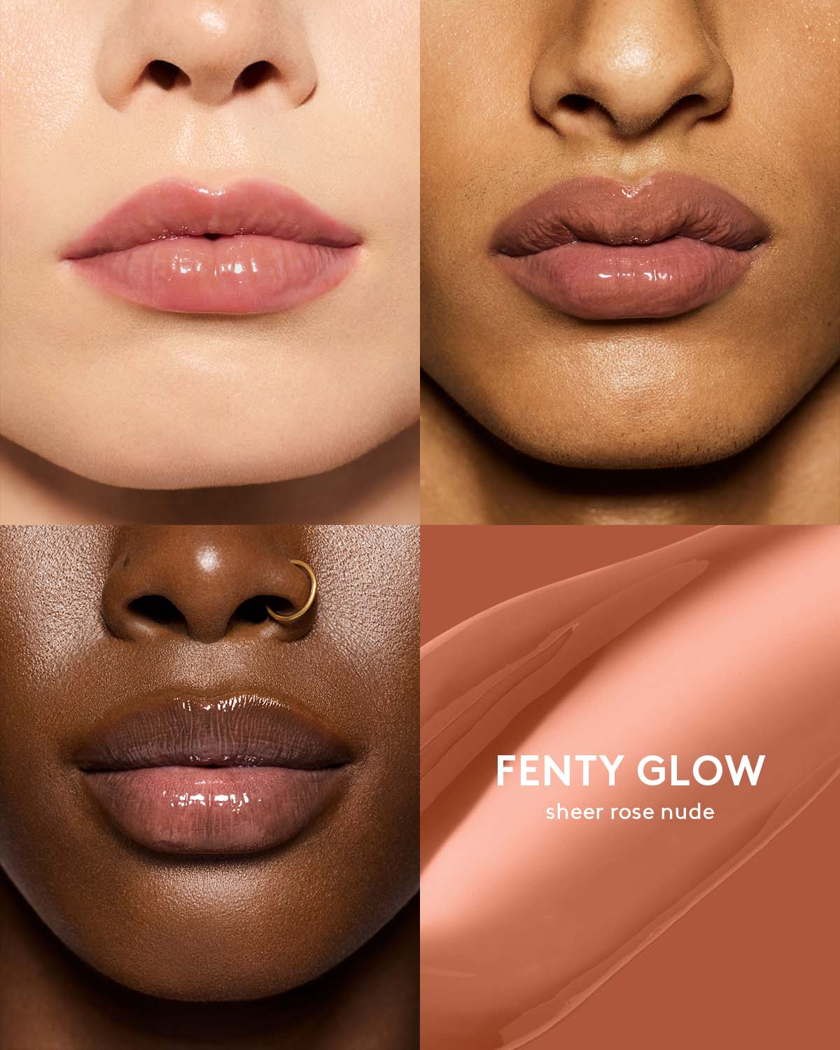 beauty shot of gloss bomb heat lip plumper in fenty glow heat on three different skin toned models