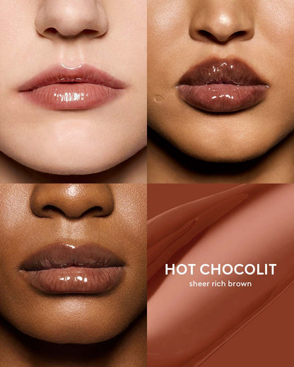 beauty shot of gloss bomb heat lip plumper in hot chocolit heat on three different skin toned models