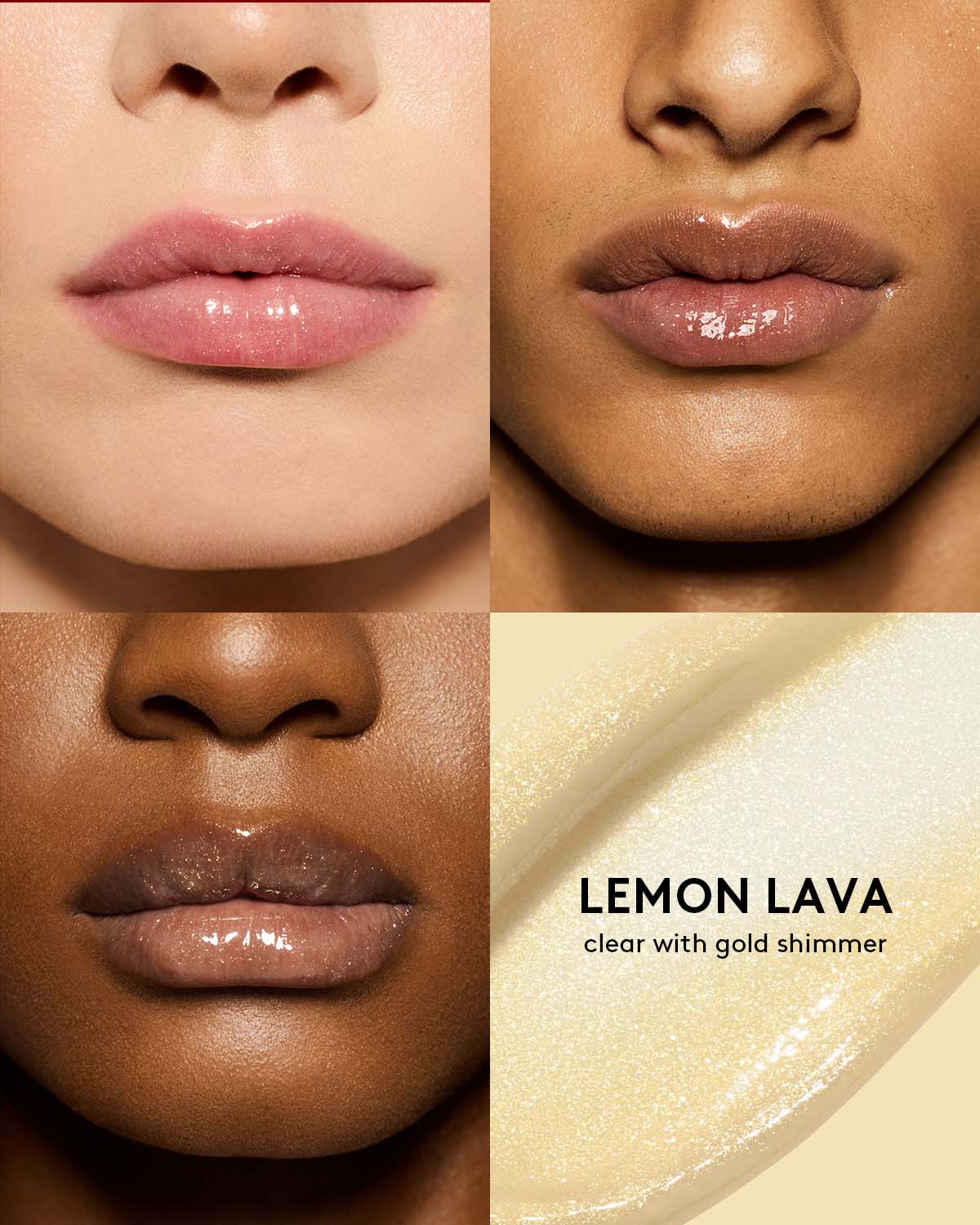 beauty shot of gloss bomb heat lip plumper in lemon lava on three different skin toned models
