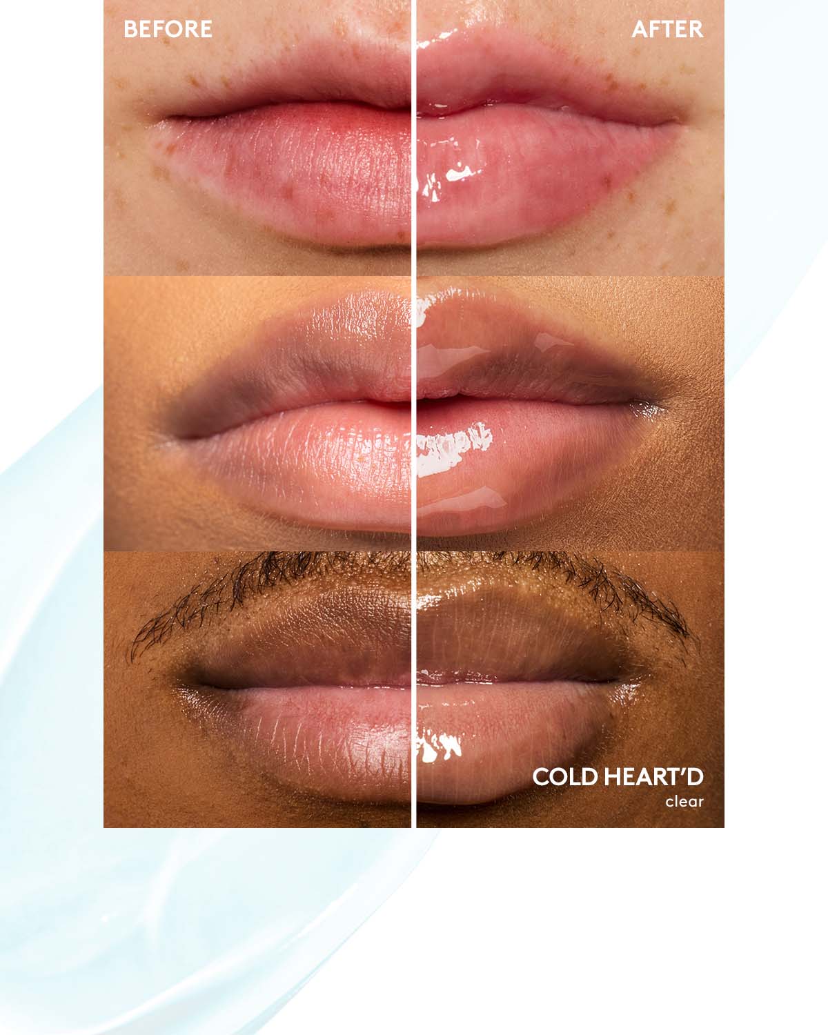 before and after of 3 different skin toned models wearing gloss bomb ice cold heart'd
