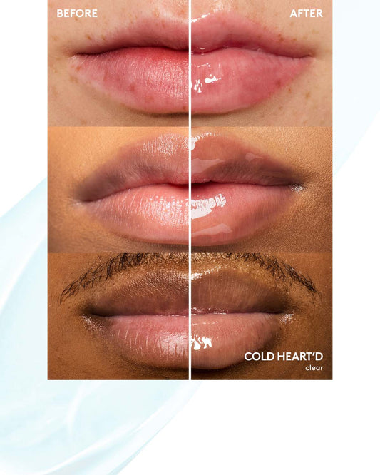 before and after of 3 different skin toned models wearing gloss bomb ice cold heart'd