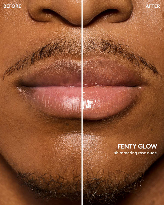 before and after of deep skin toned model wearing gloss bomb universal lip luminizer in fenty glow