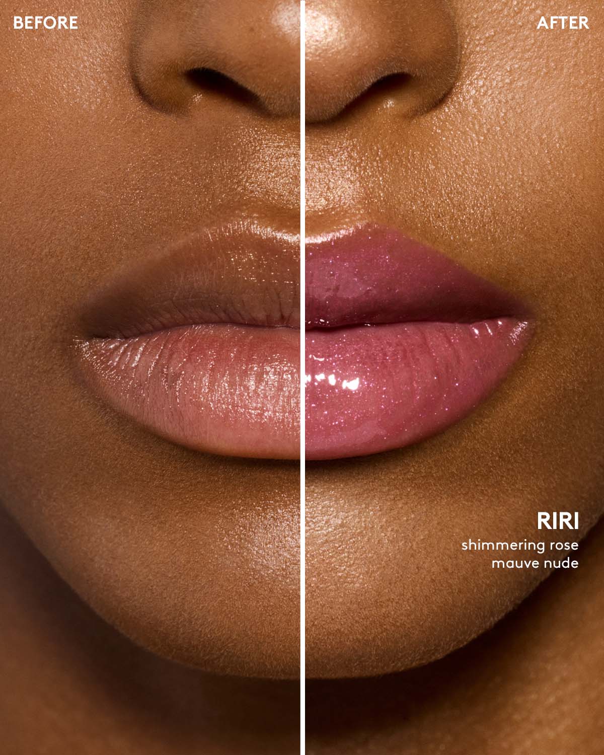 before and after of medium skin toned model wearing gloss bomb universal lip luminizer in shade riri