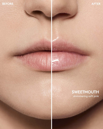 before and after of light skin toned model wearing gloss bomb universal lip luminizer in shade $weetmouth
