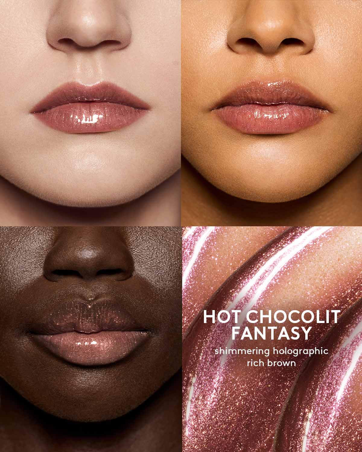 shade grid of three different skin toned model wearing gloss bomb universal lip luminizer in shade hot chocolit fantasy