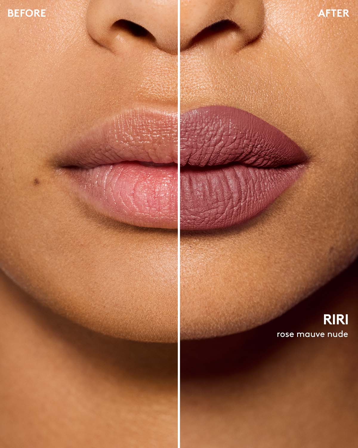 before and after of medium skin toned model wearing icon velvet longwear liquid lipstick in shade Riri