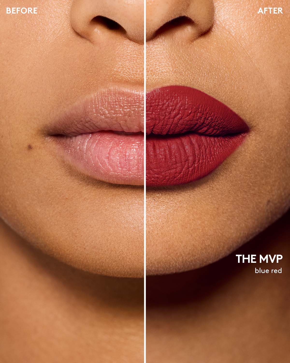 before and after of medium skin toned model wearing icon velvet longwear liquid lipstick in shade The MVP
