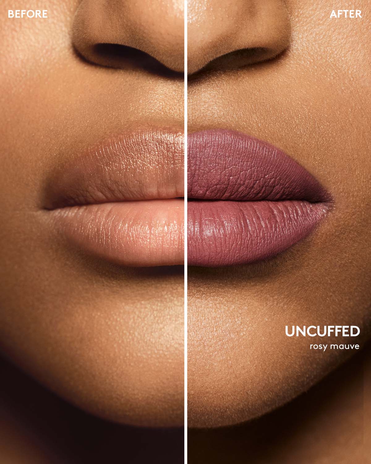 before and after of medium skin toned model wearing stunna lip paint in shade uncuffed