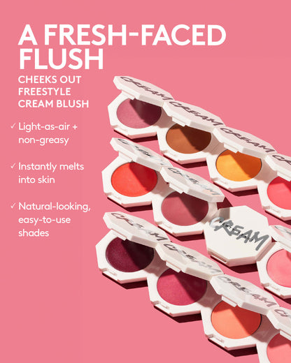 a fresh faced flush. cheeks out freestyle cream blush. light as air non greasy, instantly melts into skin, natural looking easy to use shades