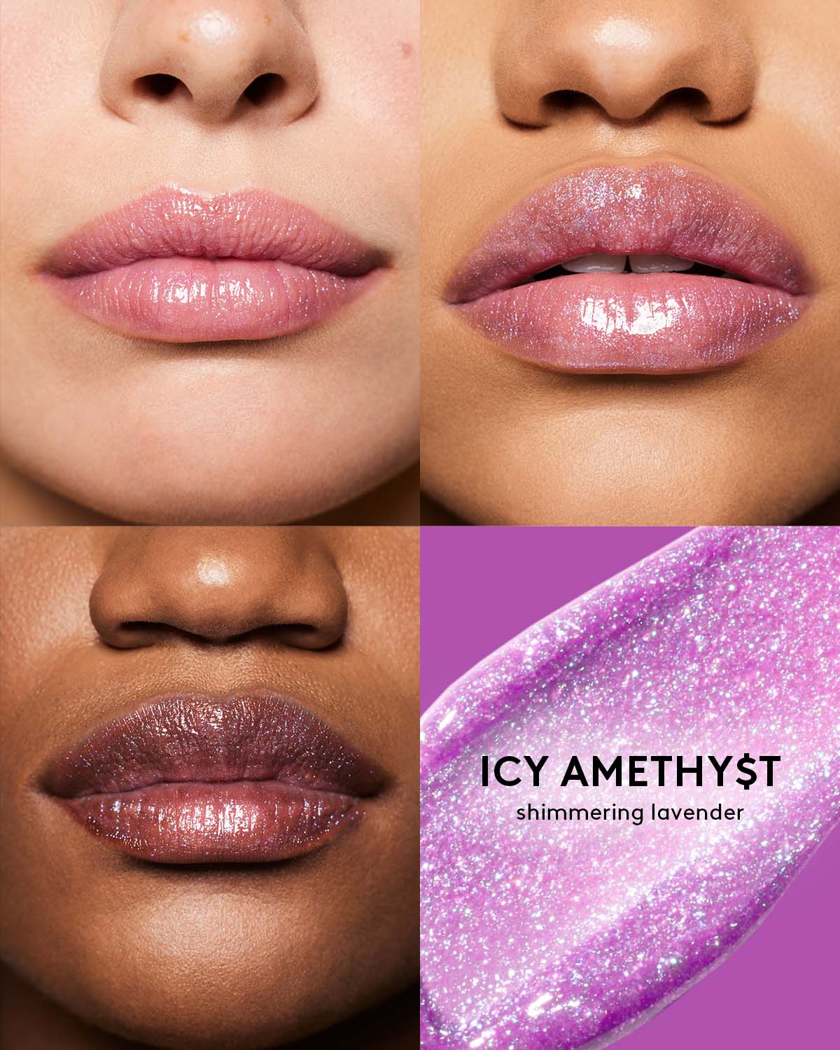 Macro shot of 3 models with light, medium, and deep skin tones wearing Gloss Bomb Stix High-Shine Gloss Stick in Shimmering Icy Amethyst.