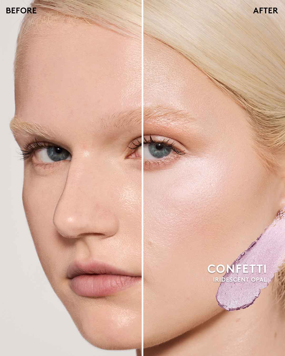Beofre and after of model wearing match stix shimmer in shade confetti.