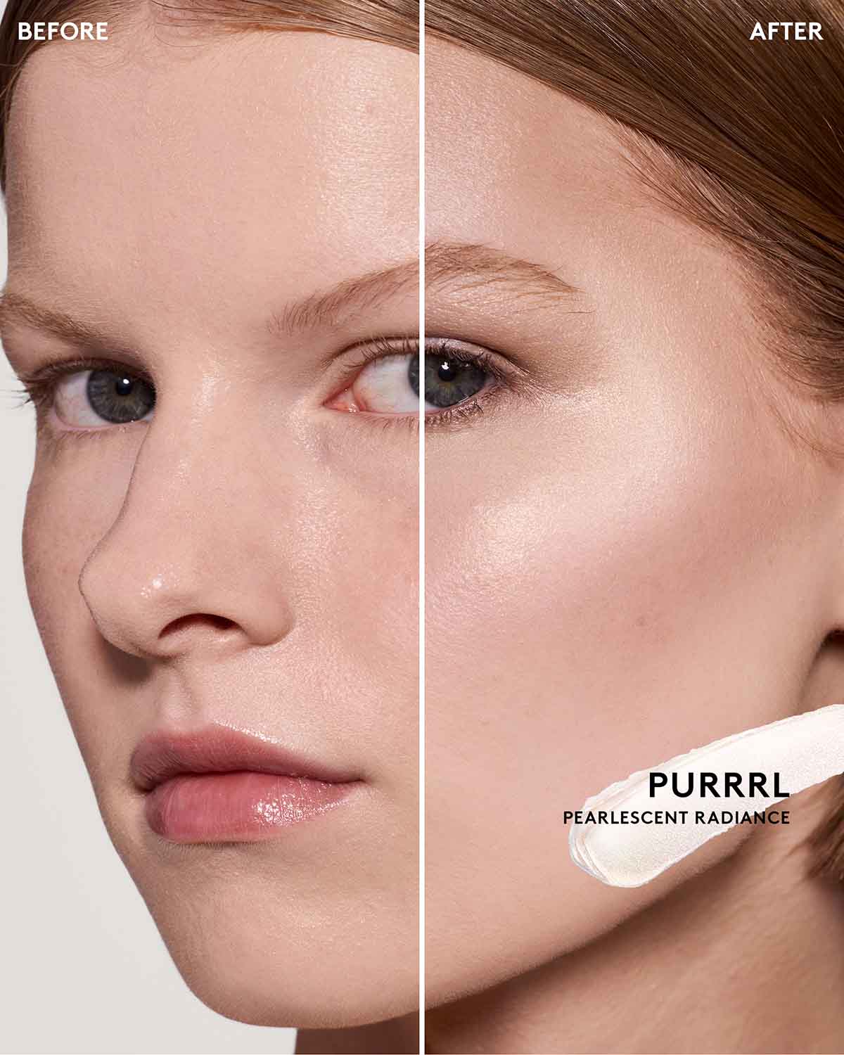 before and after of light skin tone model wearing match stix glow skinstick in shade purrrl