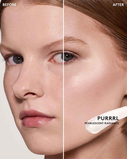 before and after of light skin tone model wearing match stix glow skinstick in shade purrrl