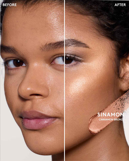 Before and after image of model wearing match stix shimmer in shade Sinamon.