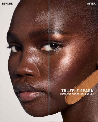 Before and after of model wearing match stix shimmer in shade truffle spark.