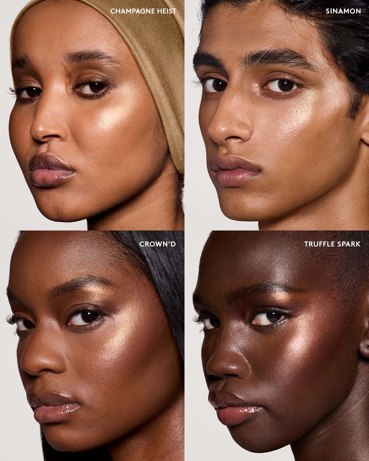 model shade grid of medium, medium deep and deep skin toned models wearing shades of match stix shimmer.