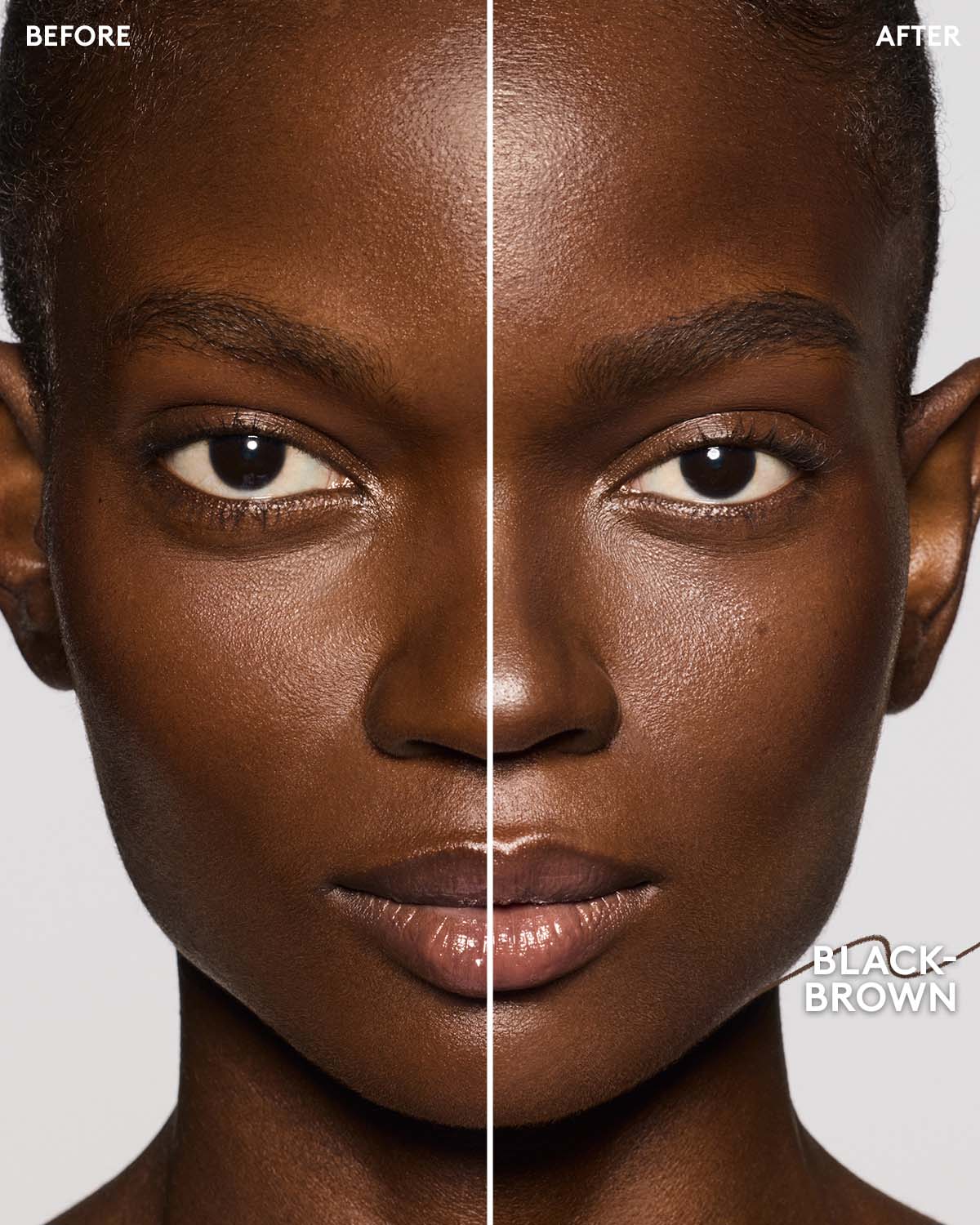 before and after of deep skin toned model wearing brow MVP in black-brown