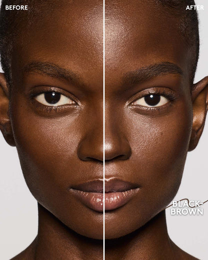 before and after of deep skin toned model wearing brow MVP in black-brown