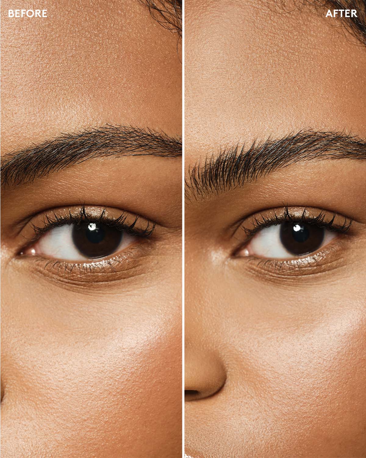 before and after of medium skin toned model wearing brow wax