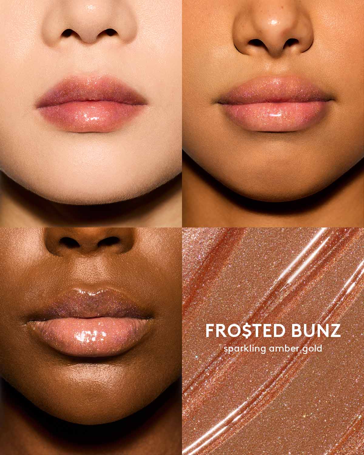 Gloss Bomb Oil Luminizing Oil and Gloss in shade Frosted Buns on light, medium, and deep skin tones. Frosted Buns is a sparkling amber gold.