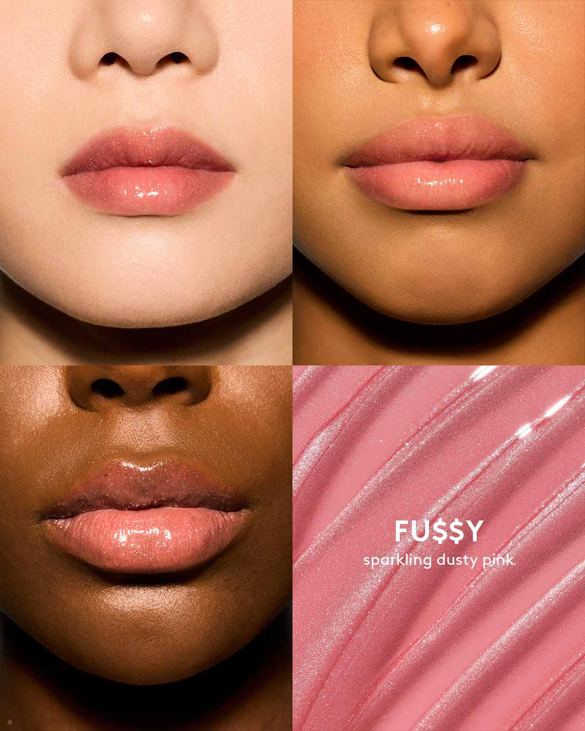 Gloss Bomb Oil Luminizing Oil and Gloss in shade Fussy on light, medium, and deep skin tones. Fussy is a sparkling fusty pink.