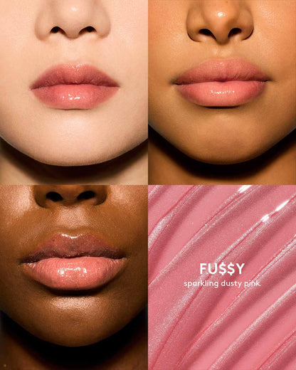 Gloss Bomb Oil Luminizing Oil and Gloss in shade Fussy on light, medium, and deep skin tones. Fussy is a sparkling fusty pink.