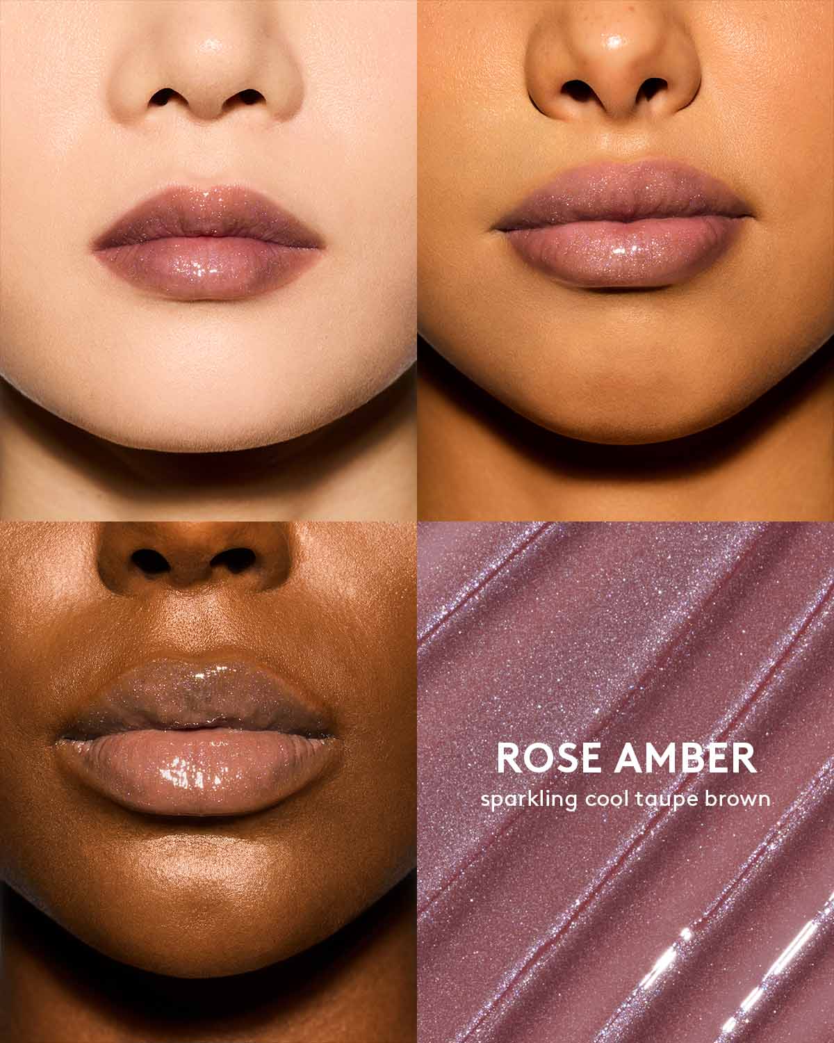 Gloss Bomb Oil Luminizing Oil and Gloss in shade Rose Amber on light, medium, and deep skin tones. Supafine Suga is a sparkling cool taupe brown.