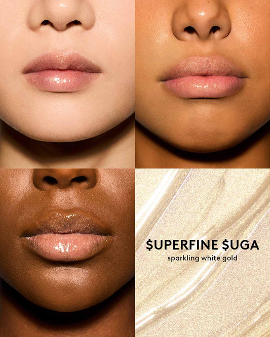 Gloss Bomb Oil Luminizing Oil and Gloss in shade Supafine Suga on light, medium, and deep skin tones. Supafine Suga is a sparkling white gold.