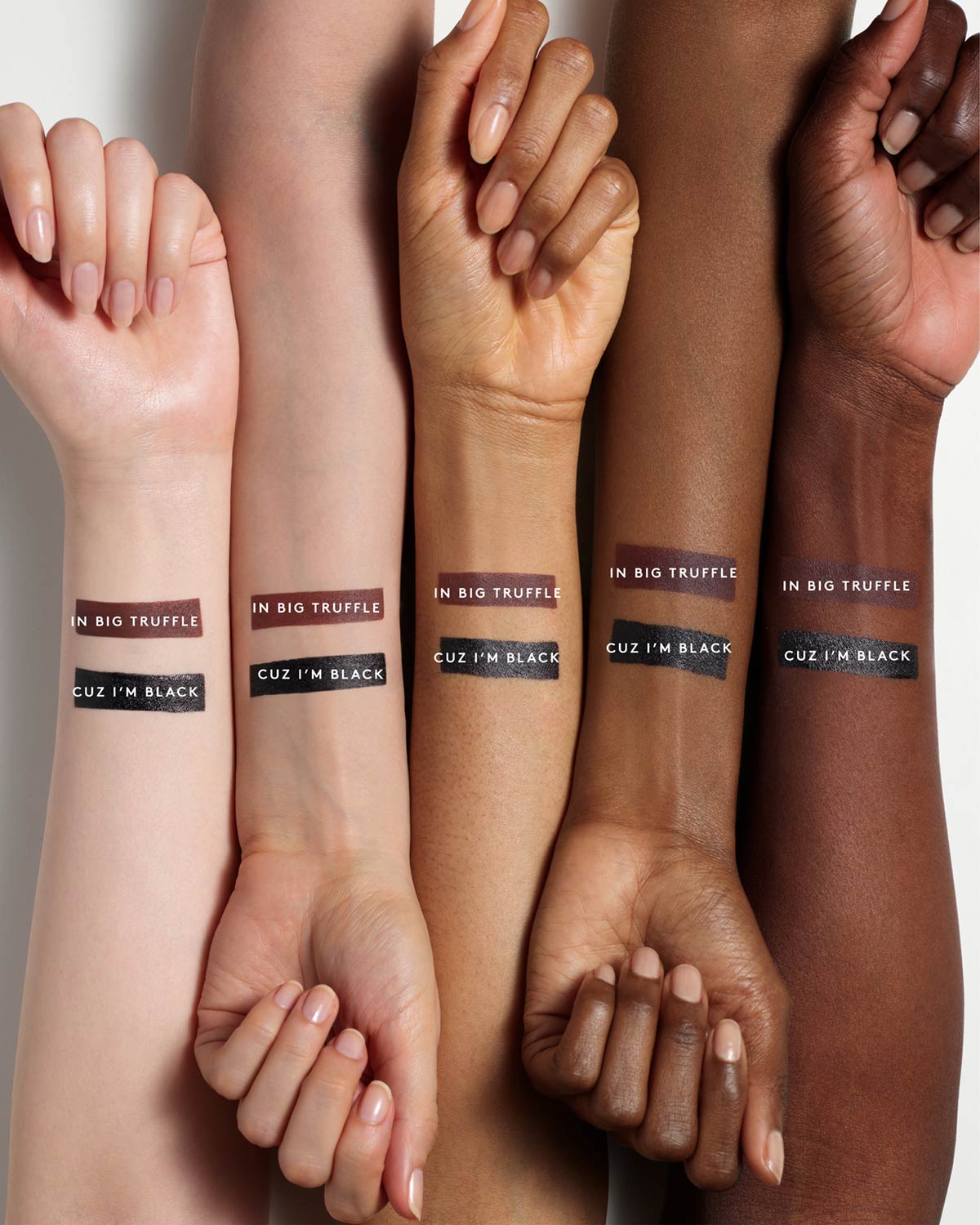 Fenty Beauty Flyliner Longwear Liquid Eyeliner shade range arm swatch on models of different skin tones