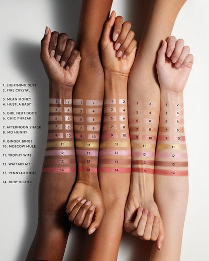 Swatches of Killawatt Freestyle Highlighter shown across various skin tones.