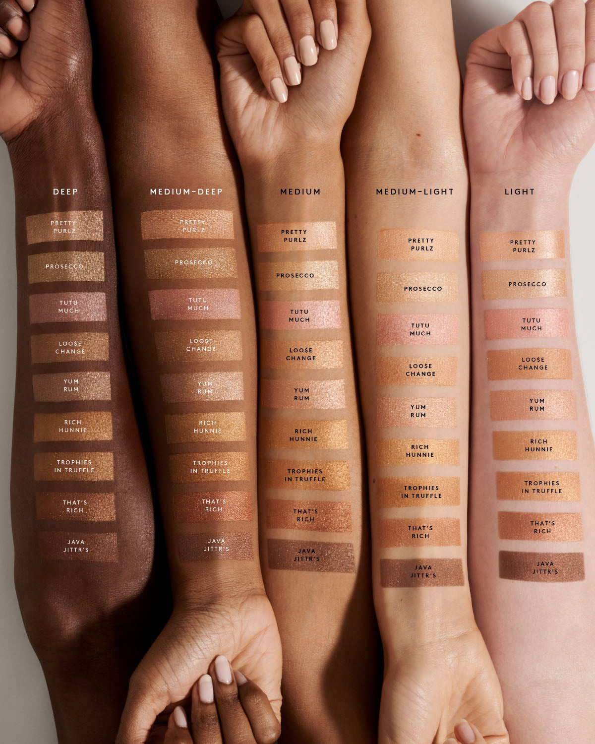 Arm swatches of Demi'glow Light-Diffusing Highlighter on deep, medium deep, medium, medium light, and light skin tones.