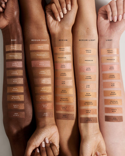 Arm swatches of Demi'glow Light-Diffusing Highlighter on deep, medium deep, medium, medium light, and light skin tones.