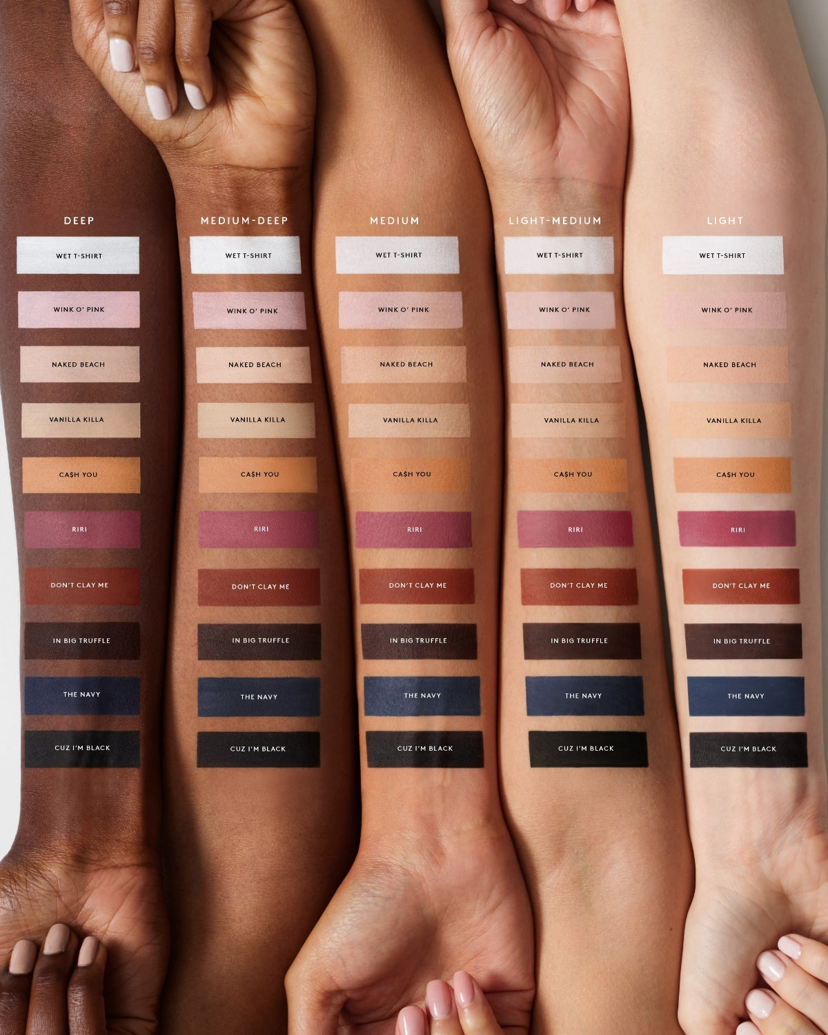 Arm Swatches of Fine Linez Lash-Enhancing Eyeliner shade range on light, light medium, medium, medium deep, and deep skin tones.