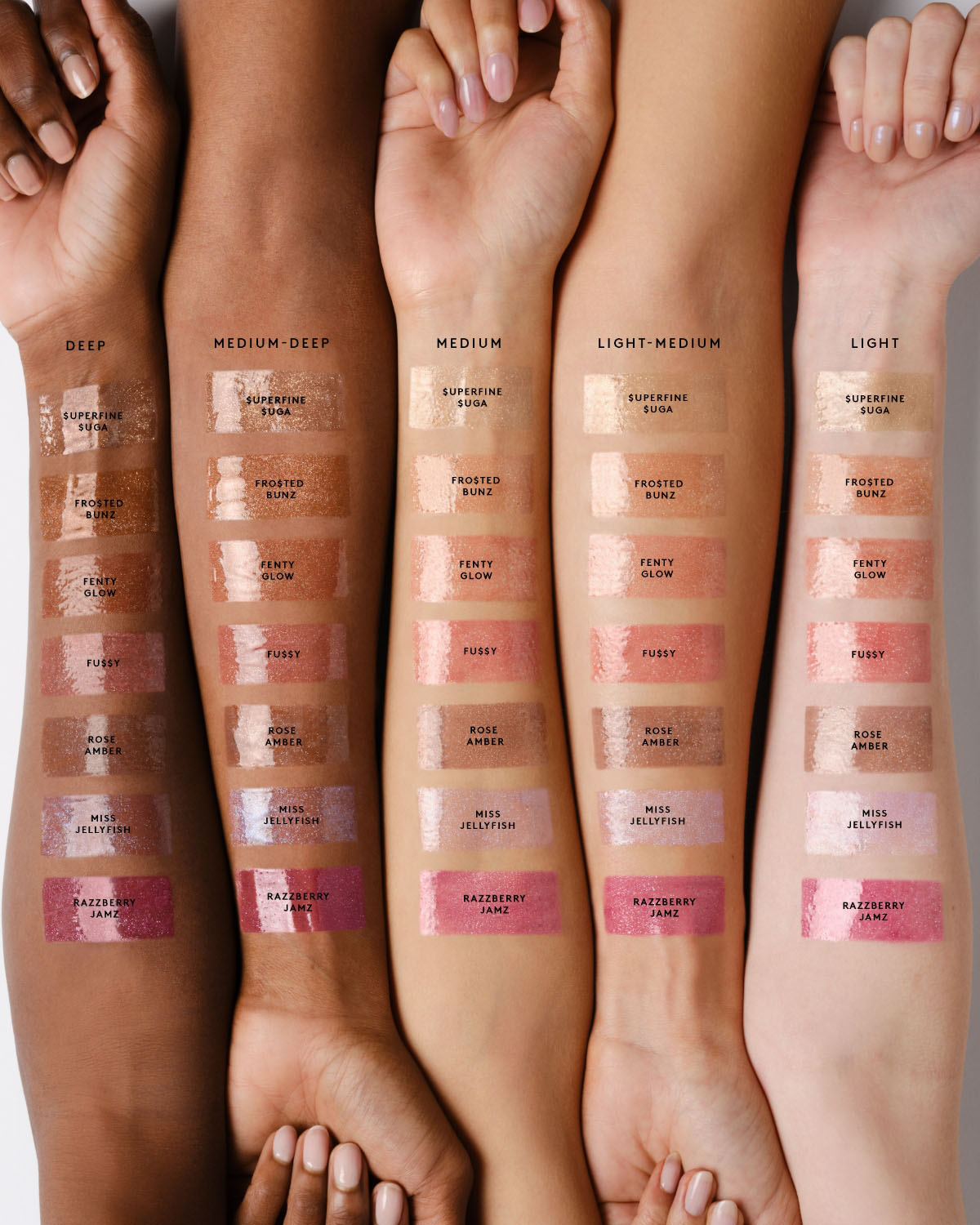 Hand swatches of whole gloss bomb oil collection.