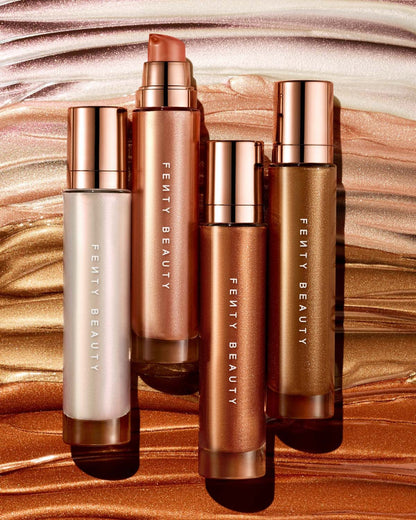 Editorial shot of Body Lava Body Luminizer collection against a background showing product texture of all shades.