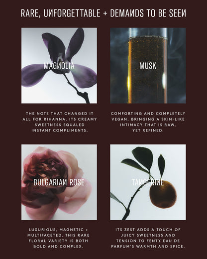 Promotional image of flowers with product descriptions on a dark background