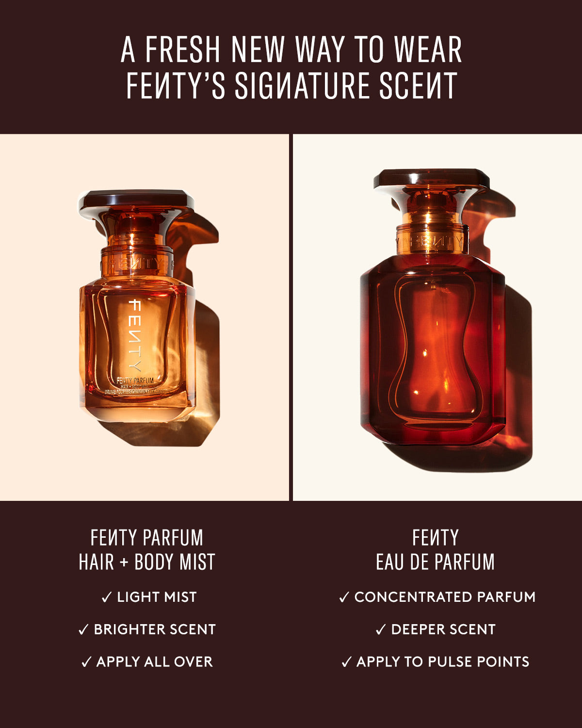 A fresh new way to wear Fenty's signature scent. Fenty Parfum Hair + Body Mist has light mist, a brighter scent, and should be applied all over. Fenty Eau De Parfum is a concentrated parfum, has a deeper scent, and should be applied to pulse points.