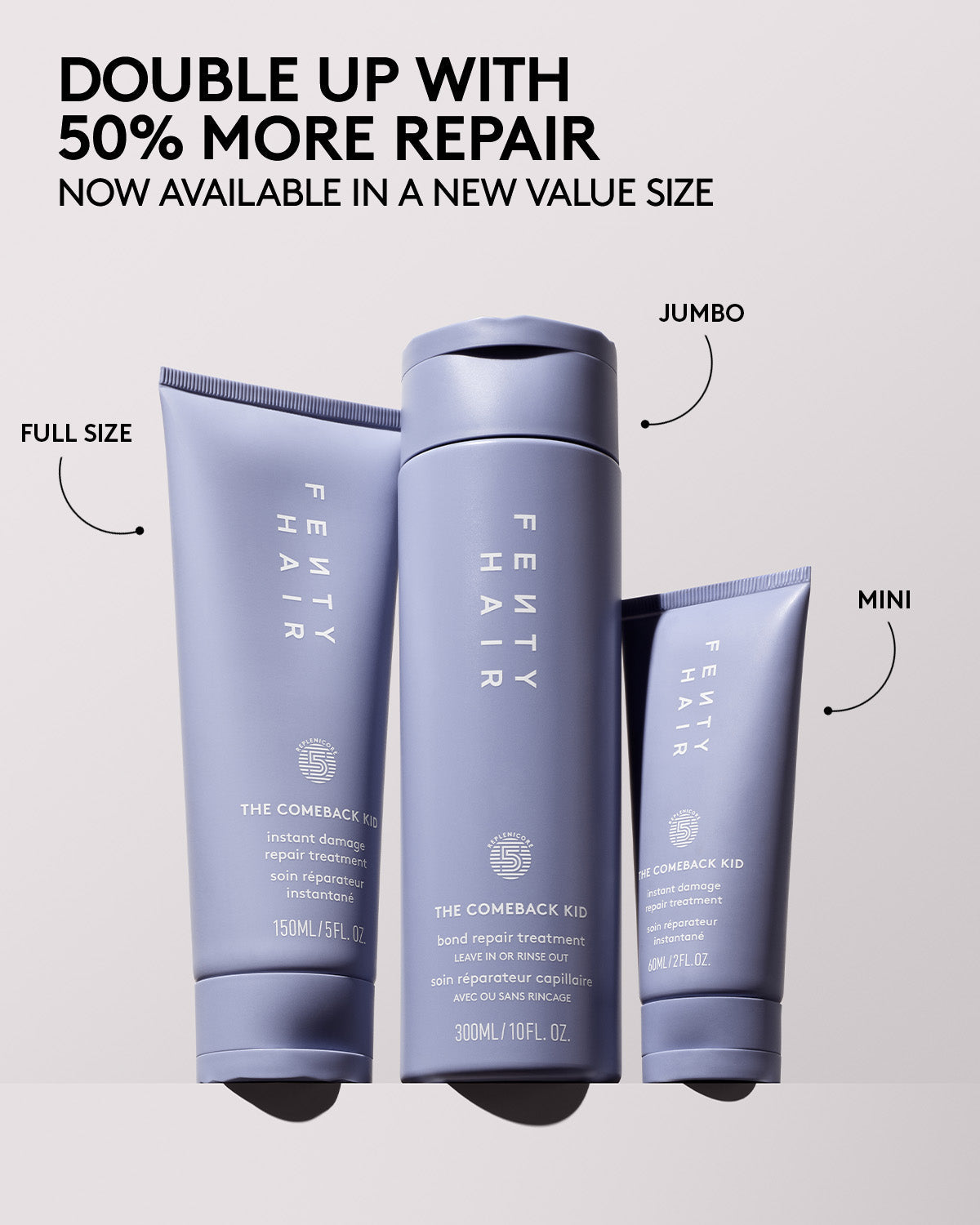 Fenty Hair product lineup with full size, jumbo, and mini sizes on a light gray background.