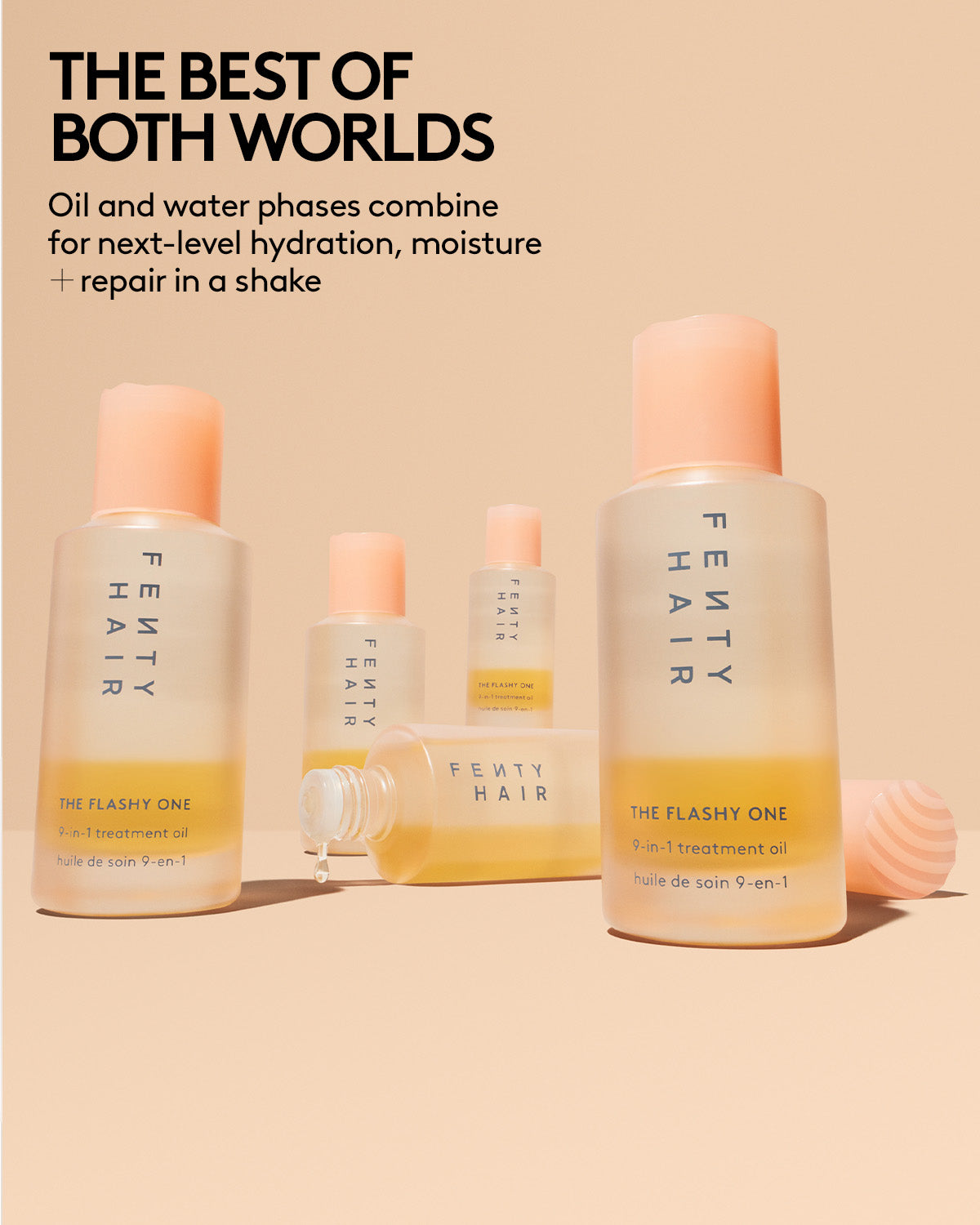 Fenty Hair product lineup with bottles and packaging on a beige background