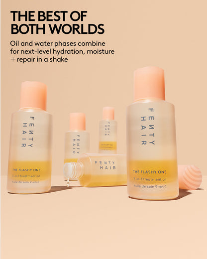 Fenty Hair product lineup with bottles and packaging on a beige background