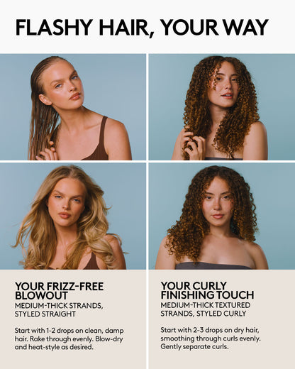 Four women with different hair types and styles, with text on a blue background.