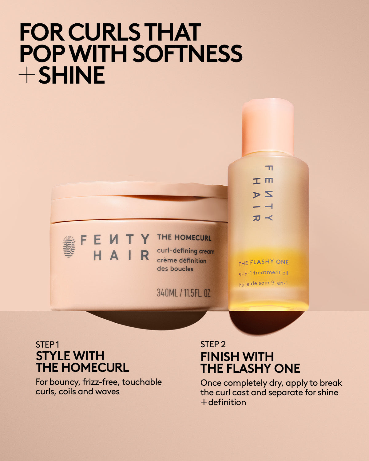 Fenty Hair product set with 'The Homecurl' and 'The Flashy One' on a beige background.