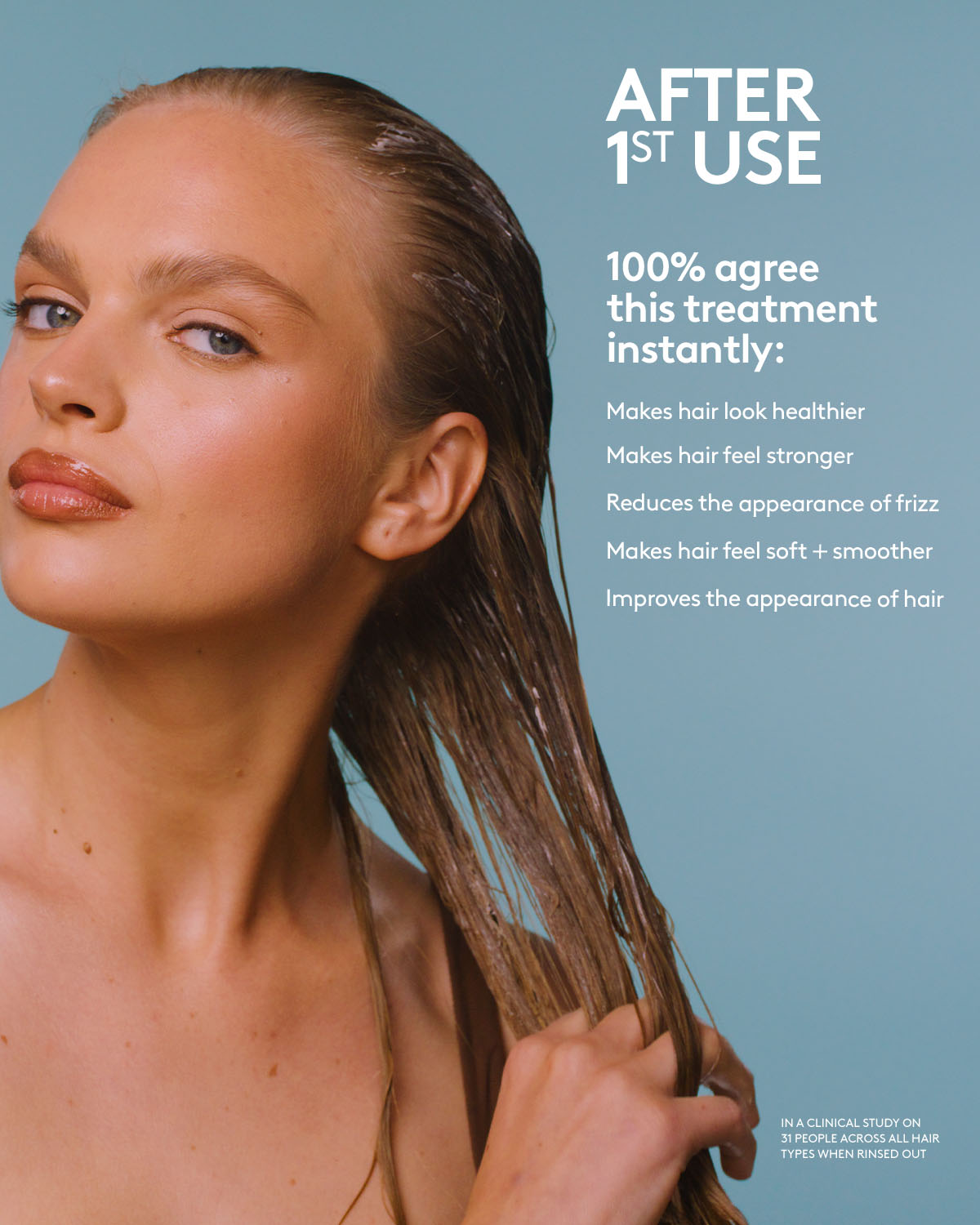 After 1st use of Fenty Hair damage repair hair treatment, 100% agree* it makes hair look healthier, feel stronger, soft + smoother, reduces the appearance of frizz and improves appearance of hair. *In a clinical study on 31 people across all hair types when rinsed out.