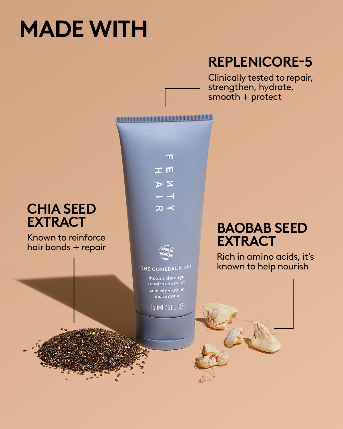 Fenty Hair Comeback Kid hair treatment is made with Chia Seed Extract, known to reinforce hair bonds + repair; Baobab Seed Extract, rich in amino acids, it's known to help nourish; and Replenicore-5, clinically tested to repair, strengthen, hydrate, smooth + protect.