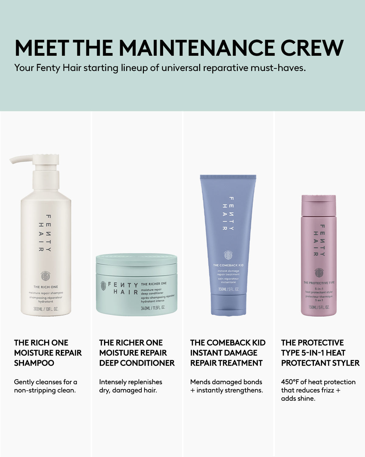 Fenty Hair Deep Moisture Repair Full-Size Bundle includes shampoo, deep conditioner, hair treatment, and a heat protectant hair styler.
