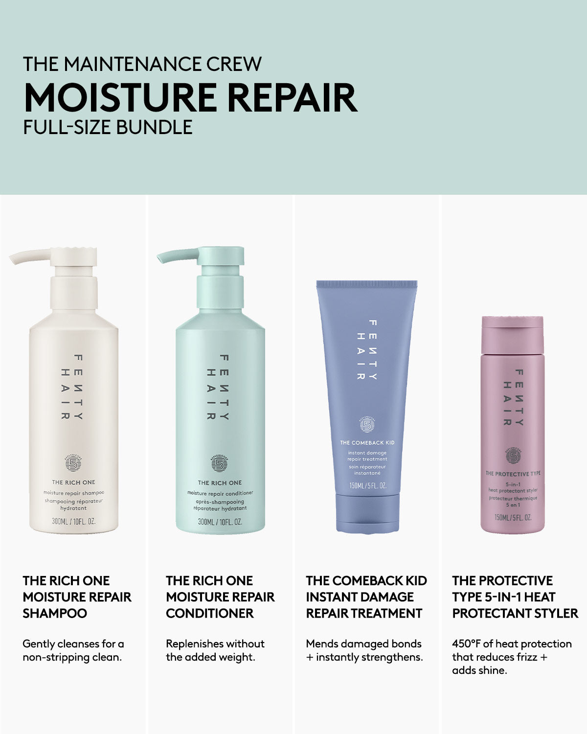 Fenty Hair Deep Moisture Repair Full-Size Bundle includes shampoo, conditioner, damage repair hair treatment, and a heat protectant hair styler.