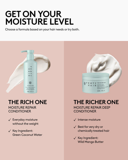 Fenty Hair conditioner compared to deep conditioner: choose a formula based on your hair needs or try both. Conditioner provides everyday moisture without the weight and features Green Coconut Water as a key ingredient. Deep Conditioner provides intense moisture, is best for very dry or chemically treated hair, and has Wild Mango Butter as a key ingredient.