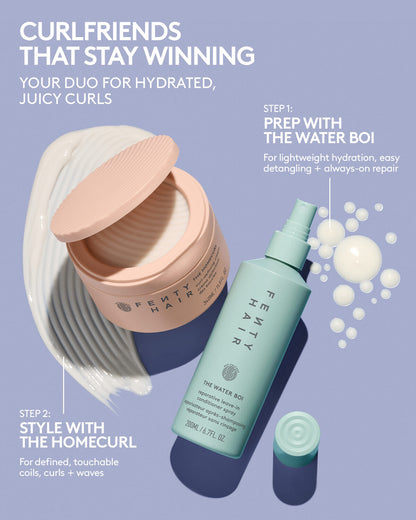 Curl friends that stay winning. Your duo for hydrated, juicy curls. Step 1: Prep with the Water Boi for lightweight hydration, easy detangling and always-on repair. Step 2: Style with the Homecurl. For defined, touchable coils, curls and waves.